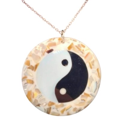 Colgante ying yang Concha nácar y cadena de acero