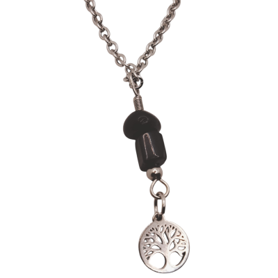 turmalina negra lisa con colgante de árbol de la vida + cadena de acero